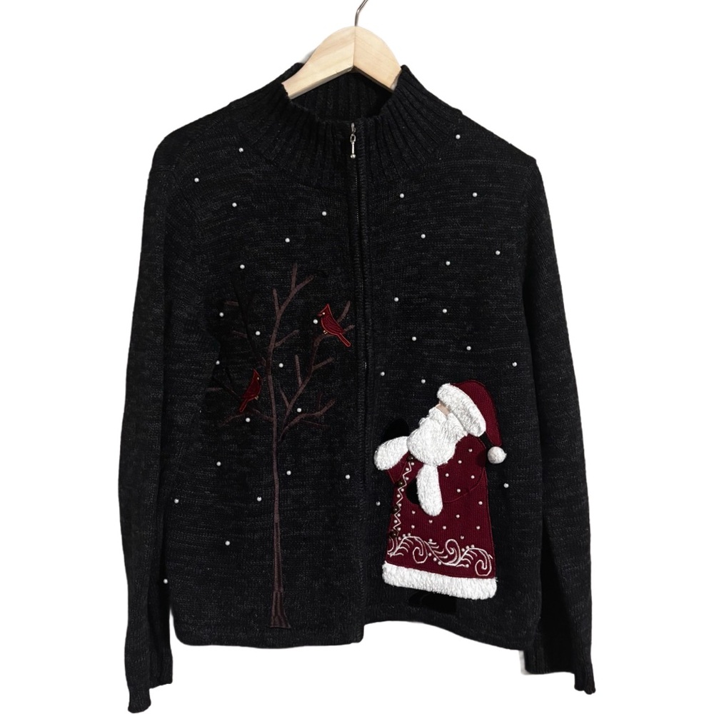 VINTAGE Mandal Bay Festive Charcoal 🎅🏼 Santa Women's Zip Up Cardigan Size Medium